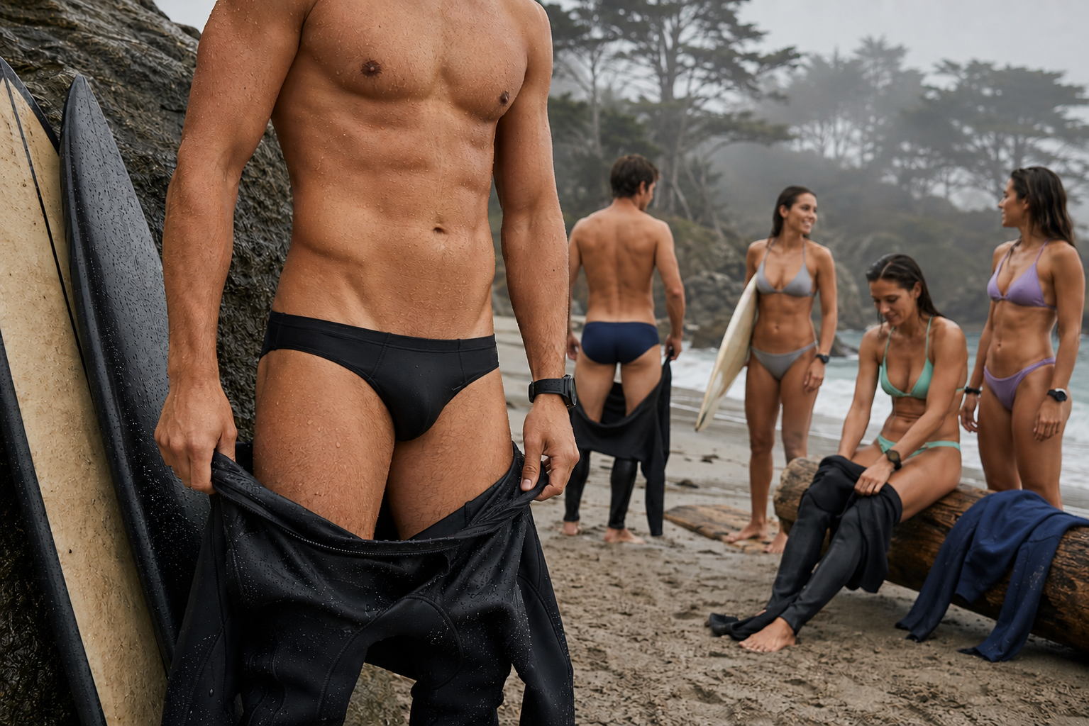 Male removing a wetsuit over a black 1.5-inch swim brief on a tropical beach after surfing