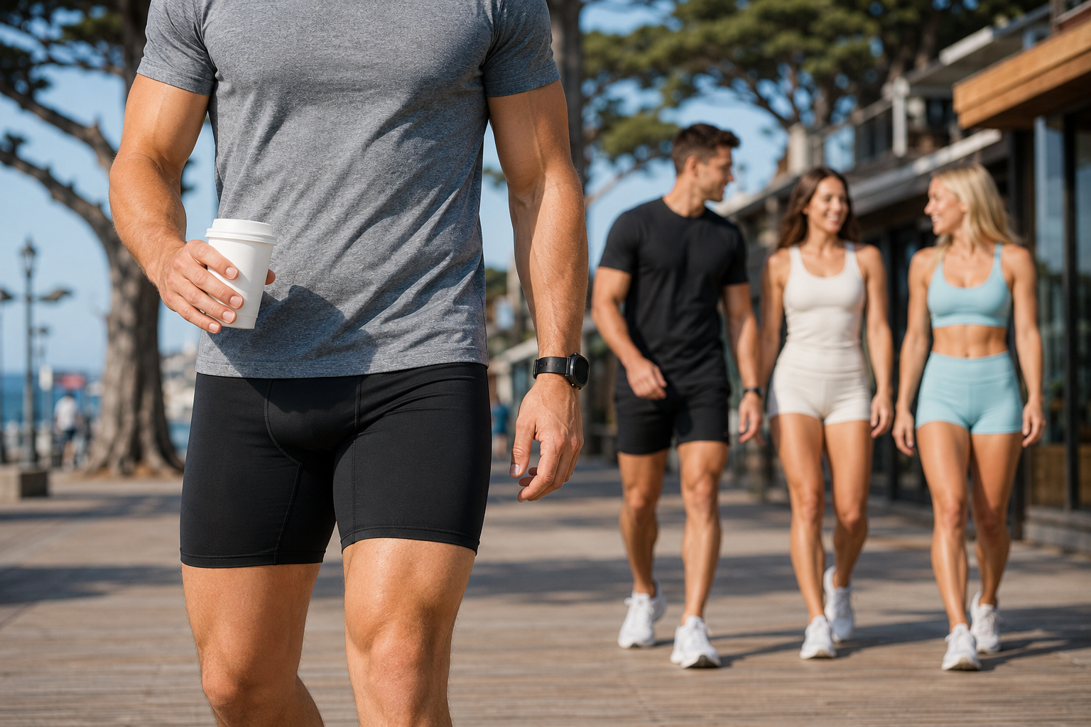 Stride 5 running half tights on coastal boardwalk post-run coffee with athletic group, performance-to-leisure