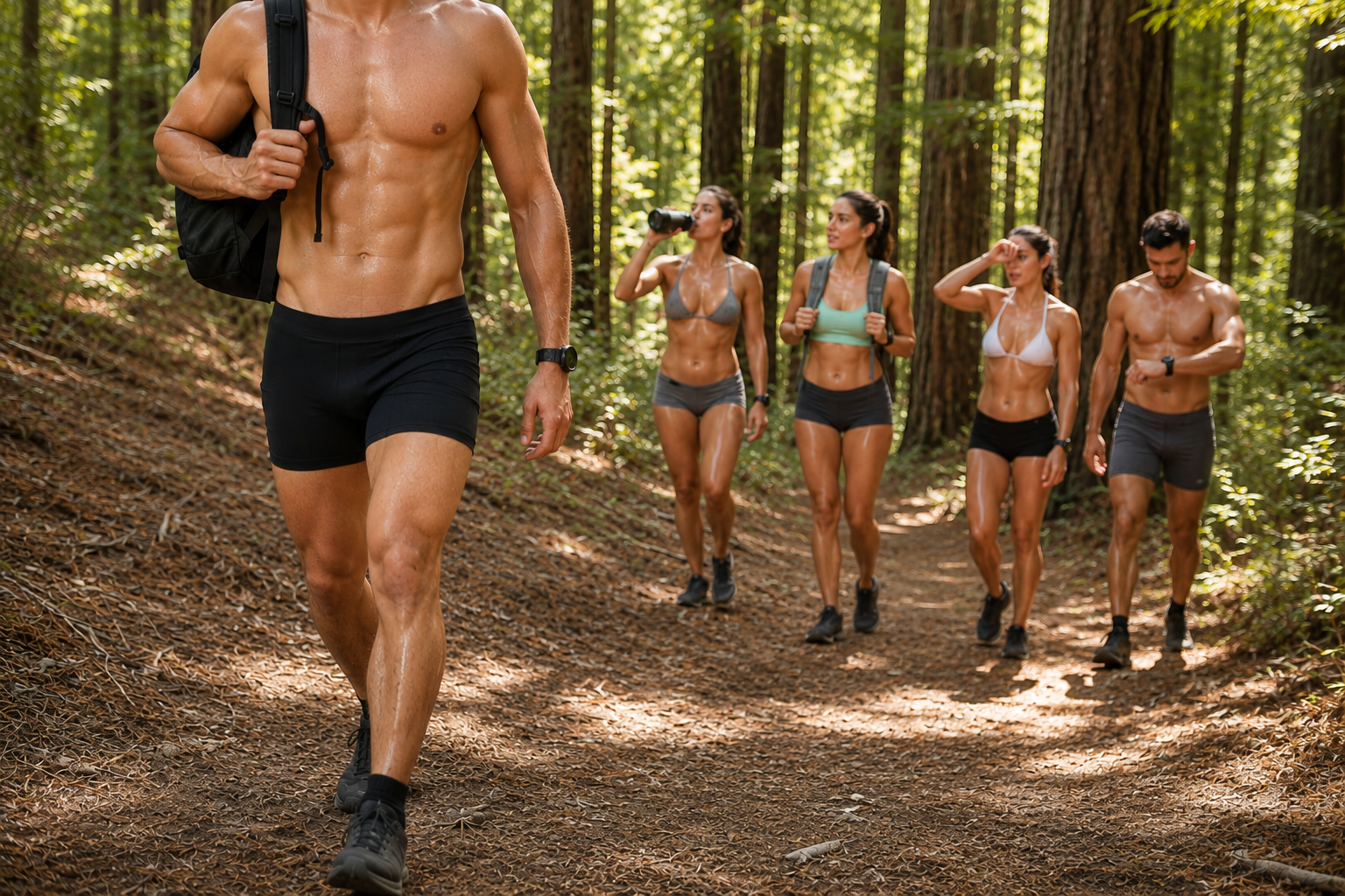 Man in Bazlisk Stride 5-inch half tights leading coed group hike through California redwood forest