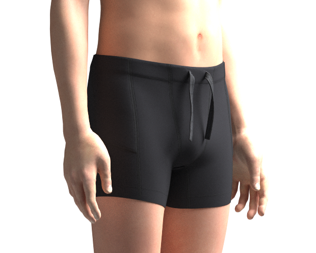 Bazlisk Stride 5" running tight short in black, 3D on model front right view