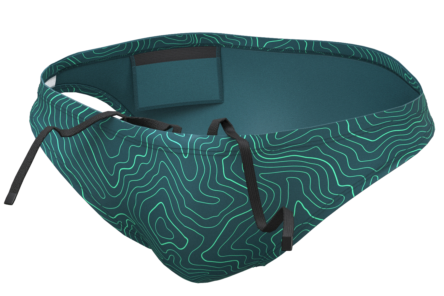 Bazlisk Wake 1.5" swim brief in Big Sur contour topo print, 3D front angle view