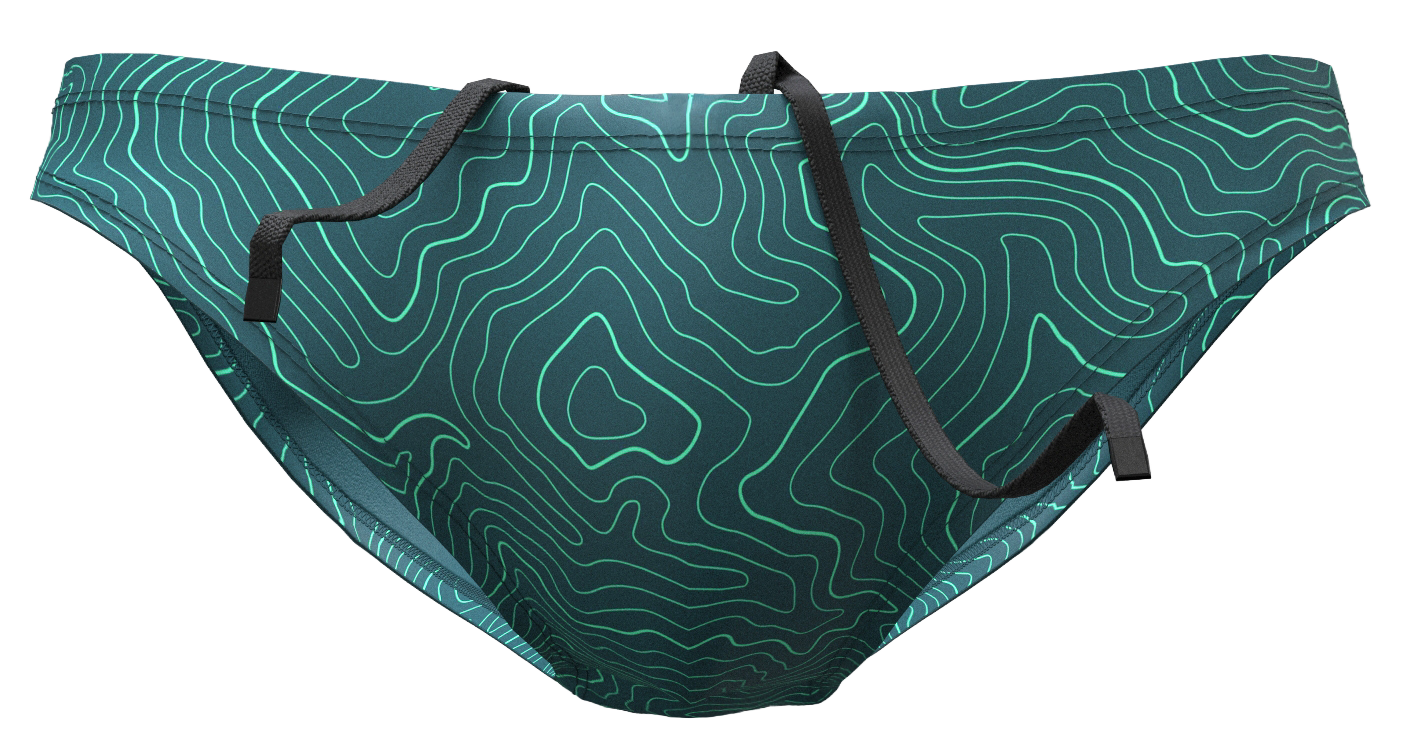 Bazlisk Wake 1.5" swim brief in Big Sur contour topo print, 3D front view