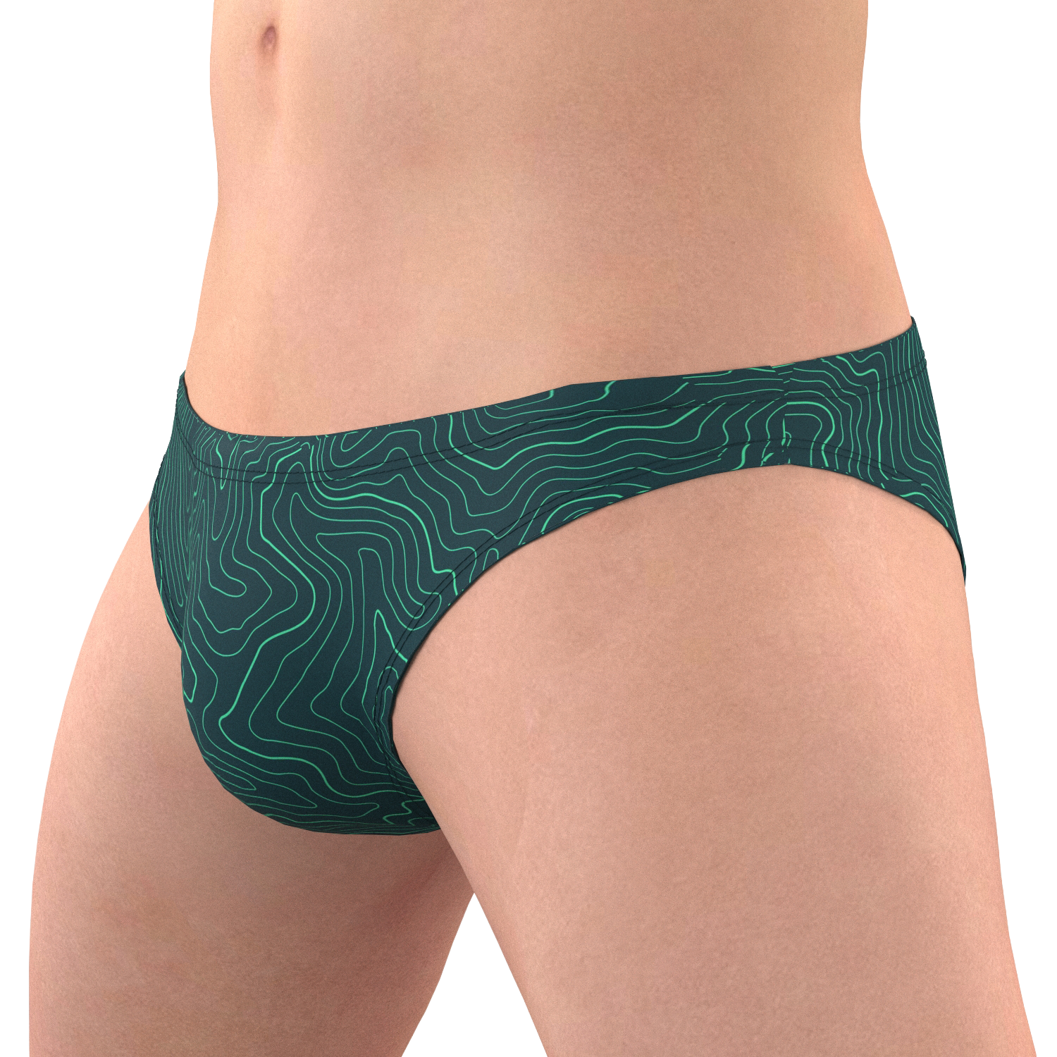 Bazlisk Wake 1.5" swim brief in Big Sur contour topo print, 3D on model left front view