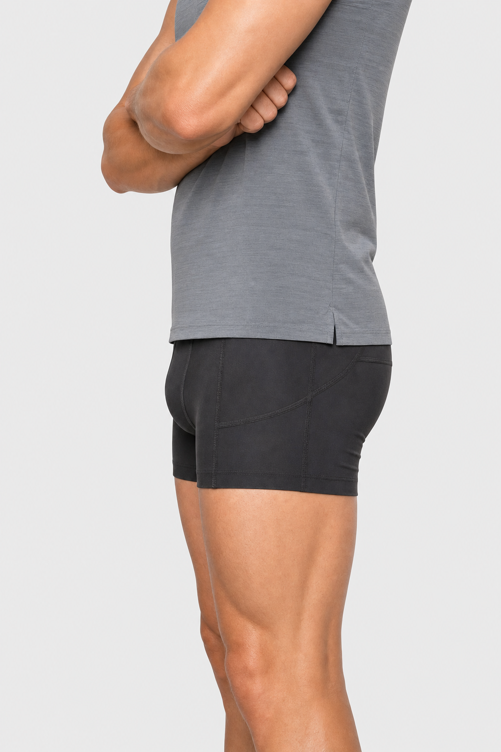 Bazlisk Stride 5 Half Tight black running short, side profile detail shot