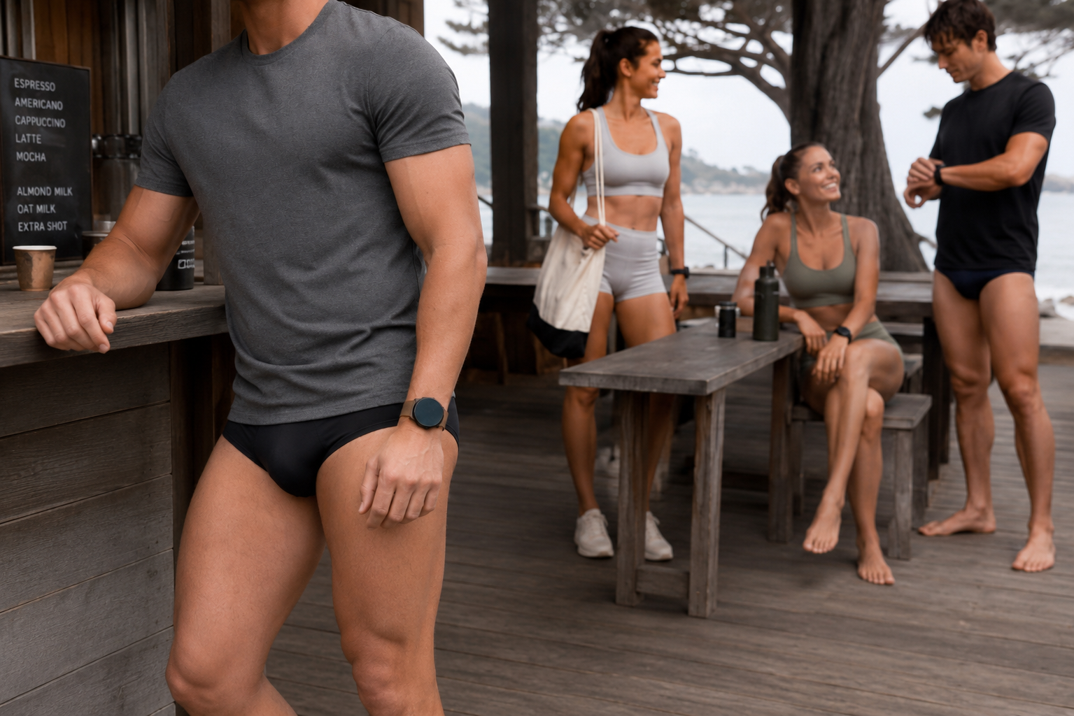 Man in Bazlisk Wake 1.5-inch swim brief at outdoor café post-swim with coed group