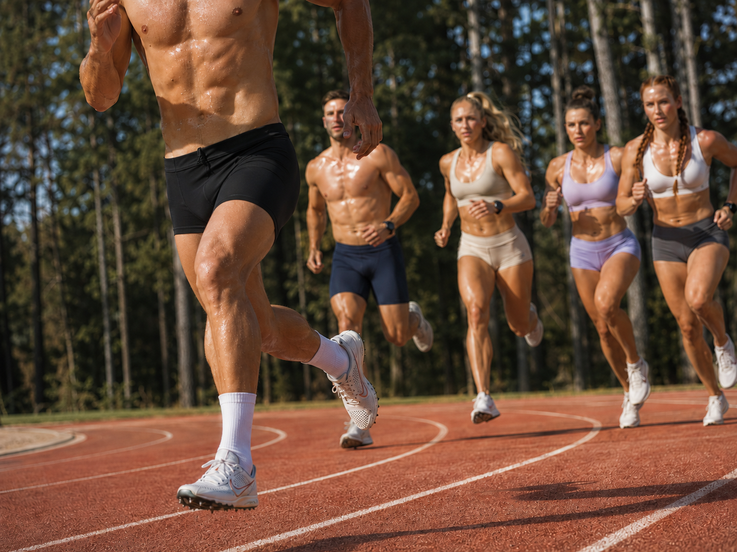 Man sprinting an outdoor track in black 5-inch running half-tights with training group