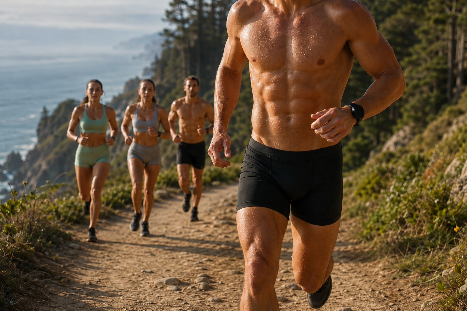 Athlete in black 5-inch running half tights leading group on Big Sur coastal trail, faceless action shot.