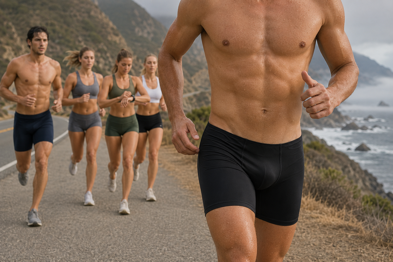 Male runner in black 5-inch half tights leading a co-ed group on a Big Sur coastal road.