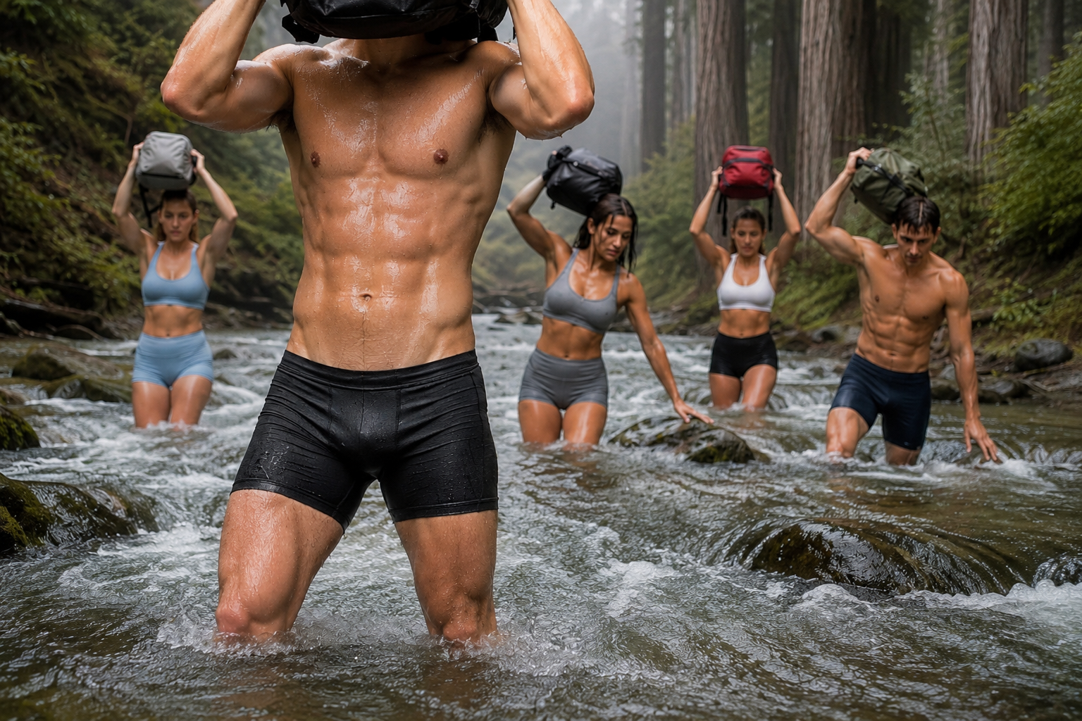Group in Bazlisk Stride 5-inch half tights fording a PNW stream — gear that goes everywhere you do