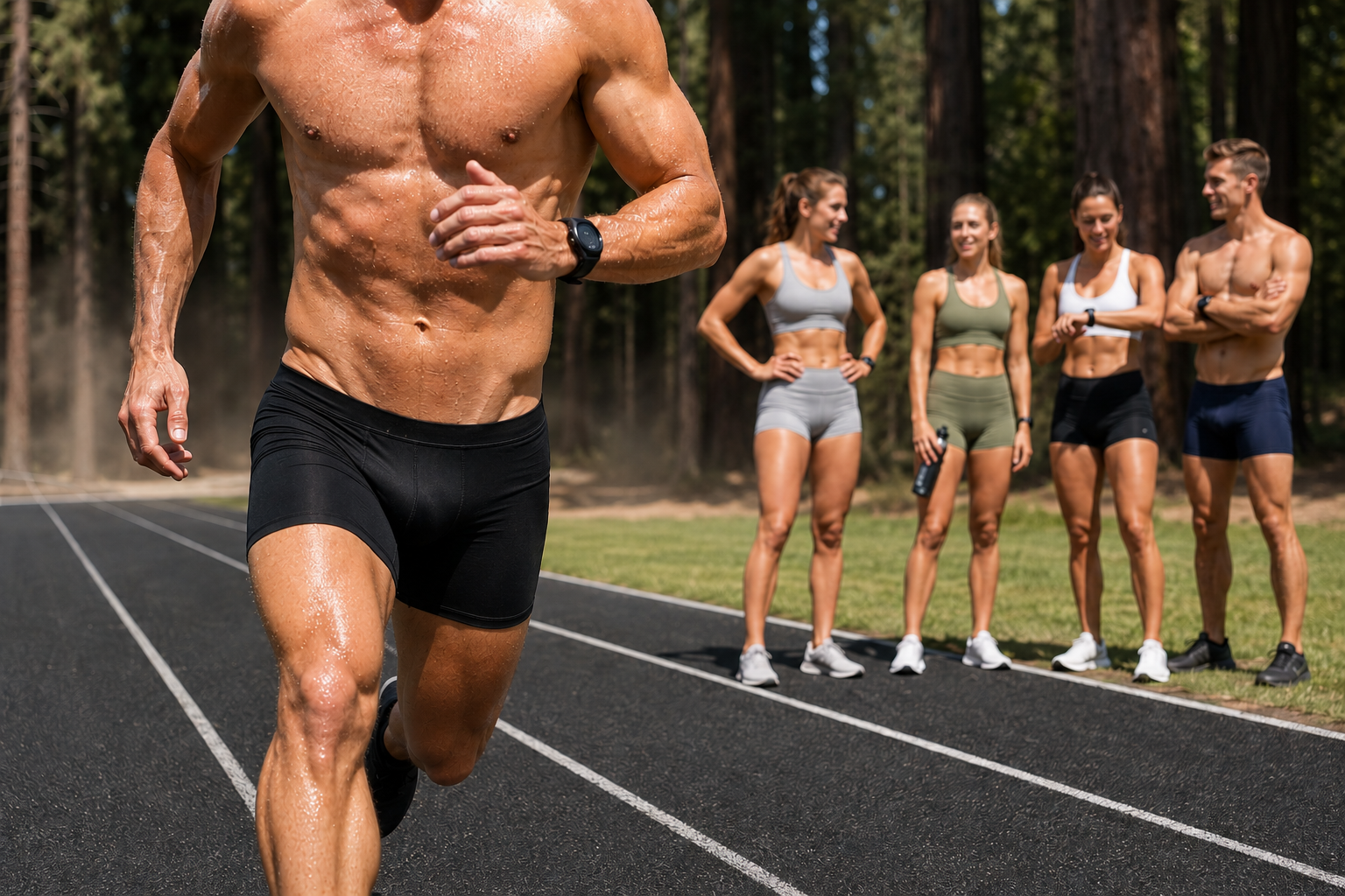 Male sprinting on a running track wearing black 5-inch half tights, co-ed training group watching.