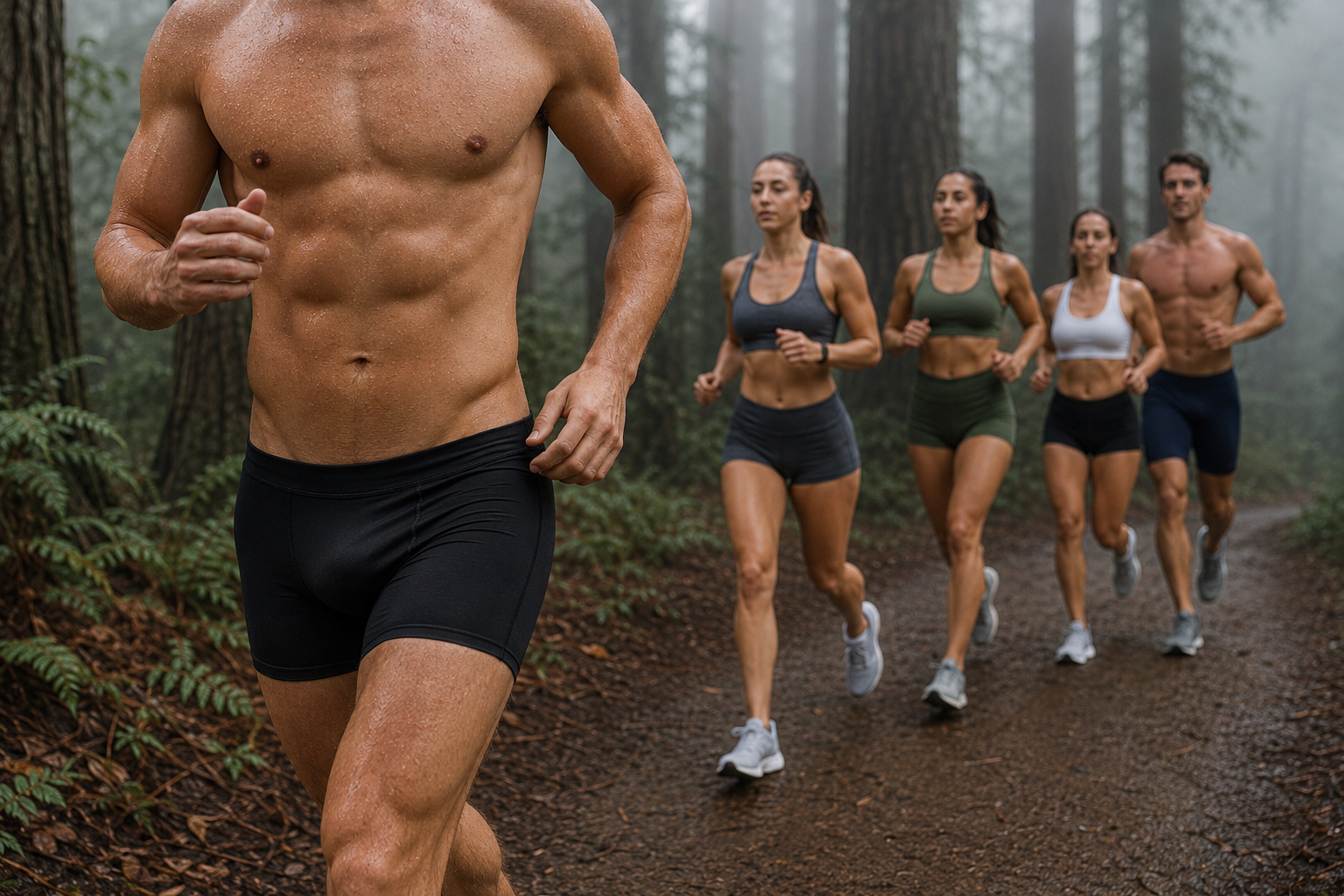 Men in Bazlisk Stride 5-inch half tights on a misty forest trail run — performance running tights for every terrain