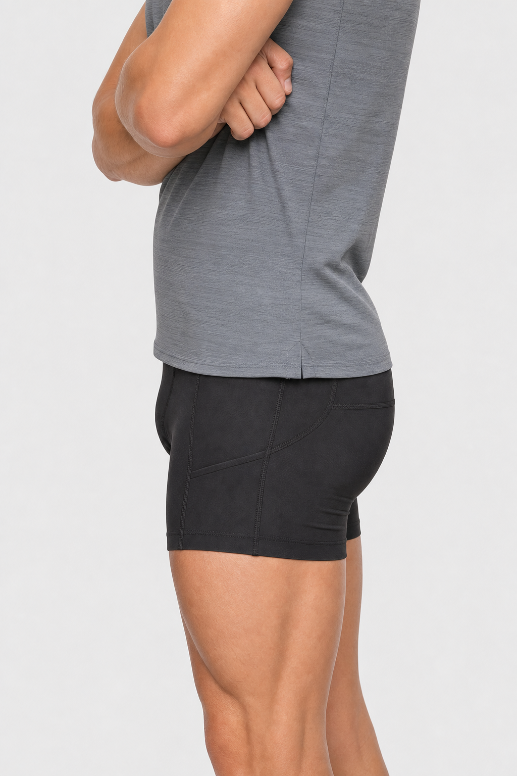 Bazlisk Stride 5 Half Tight black running short, side profile detail shot