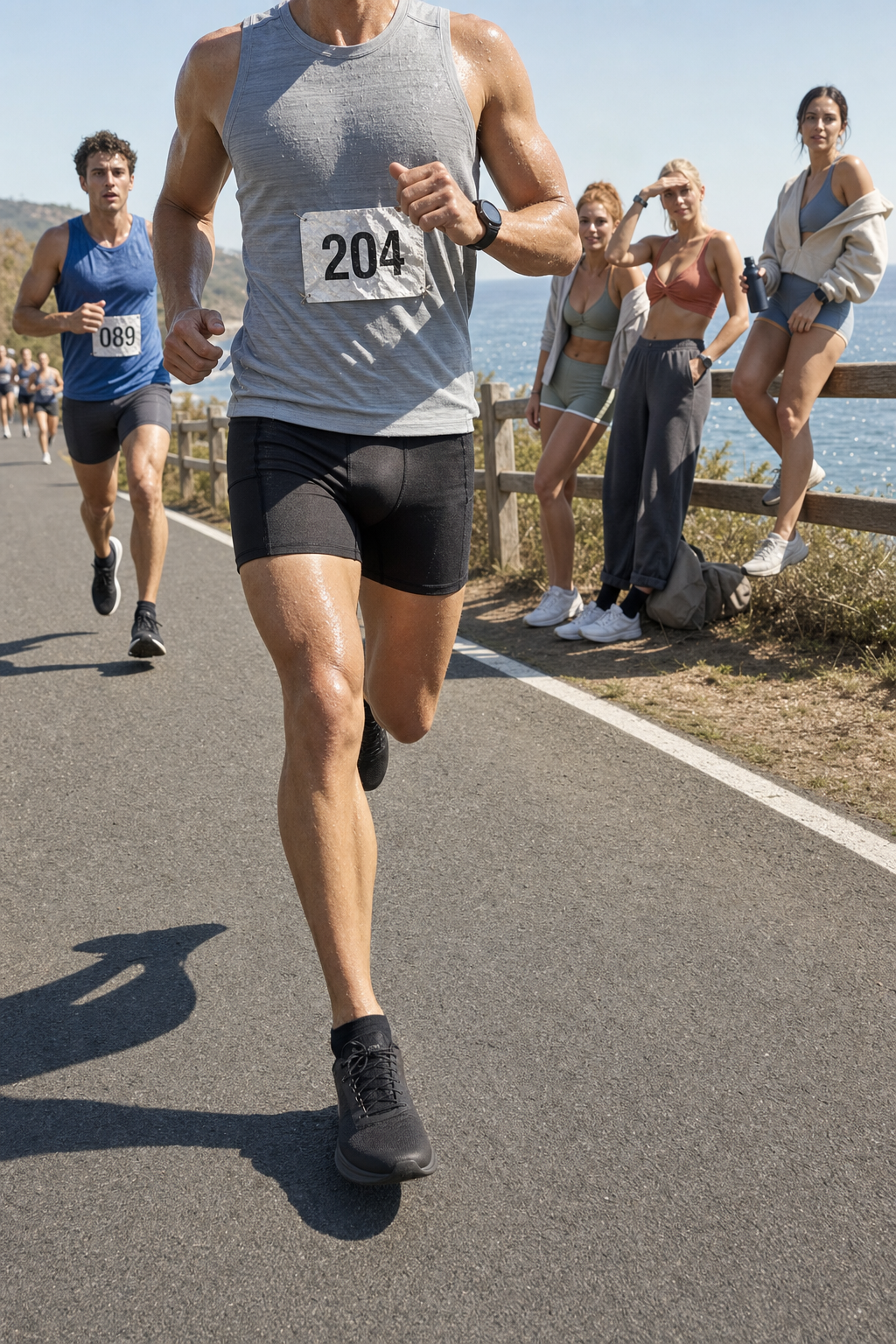 Man wearing Bazlisk Stride 5 running tight leading a half marathon on a coastal bluff road, race bib visible
